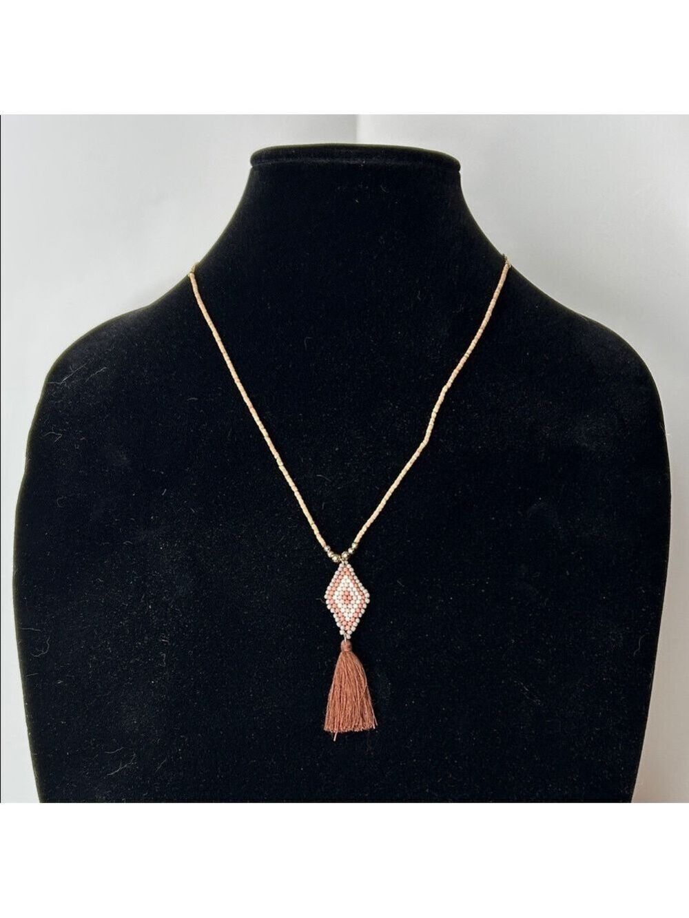 Creative Co-Op Diamond Beaded Necklace with Brown Tassel